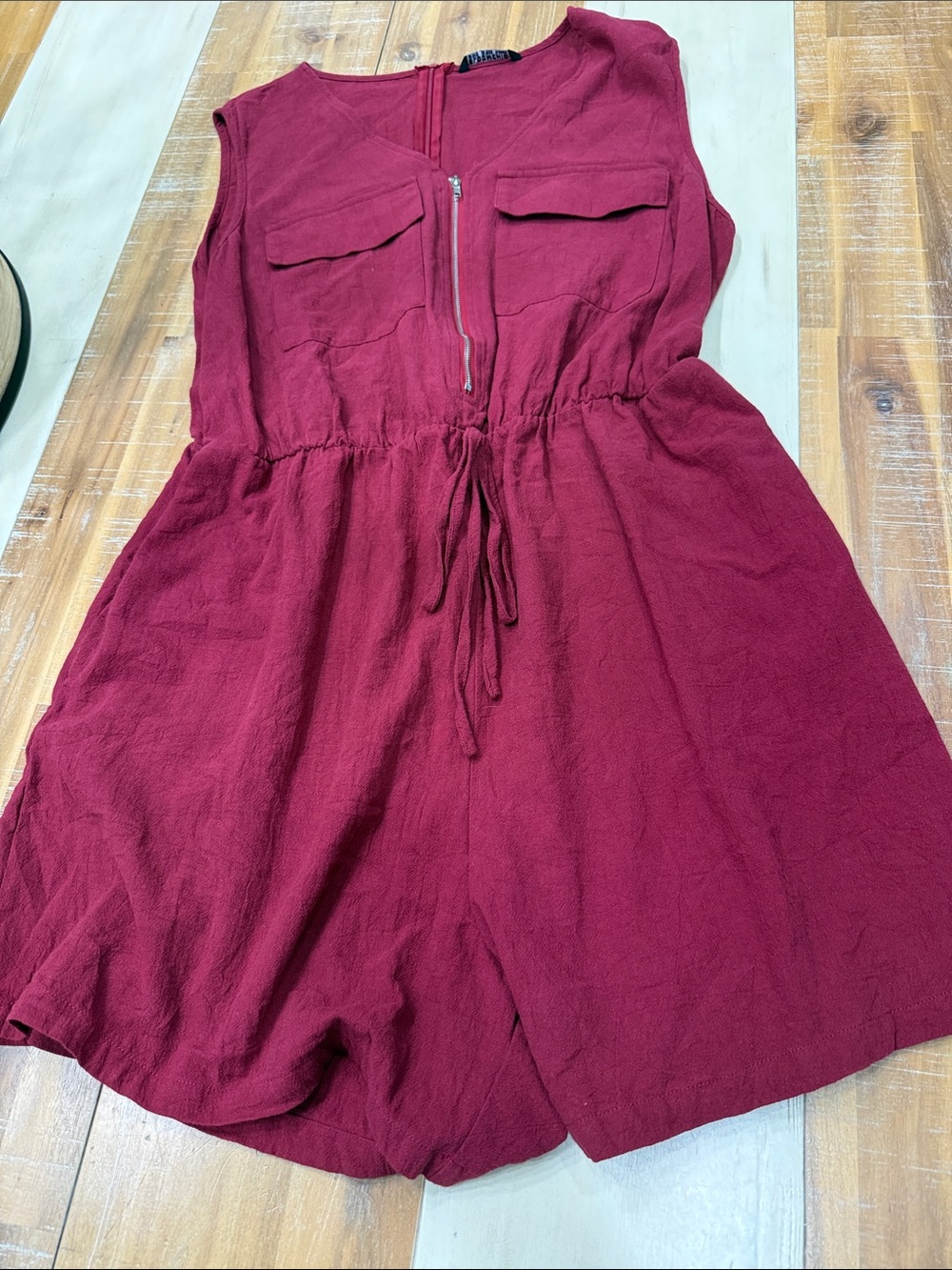BloomChic Wine Red Drawstring Romper with Front Zipper